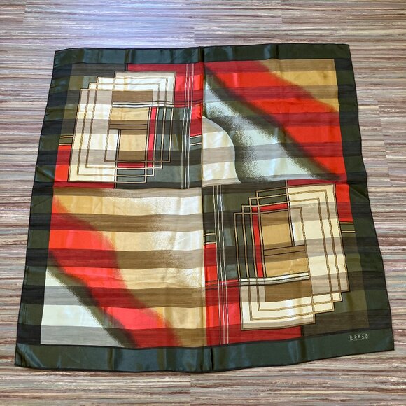 Semi Sheer Satin Square Scarf Bold Stripe Large Bandana Green/Gold Vintage Korea - Picture 2 of 4